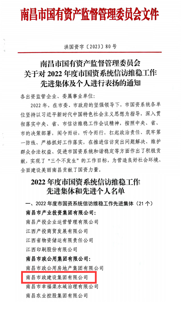 公司榮獲2022年度市國資委系統(tǒng)信訪維穩(wěn)工作先進集體